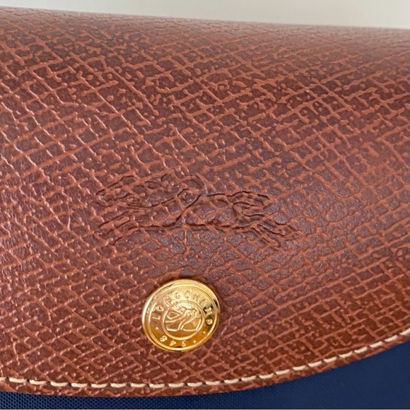 $150 Longchamp Le Pliage Navy Blue Nylon Brown Leather Tote Satchel Bag - Picture 7 of 16